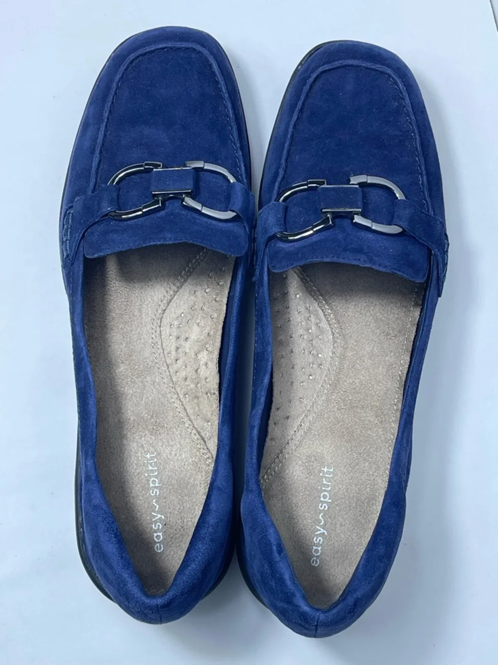 Easy Spirit Women’s Blue Suede Slip-On Loafers with Metal Bite Size 9.5